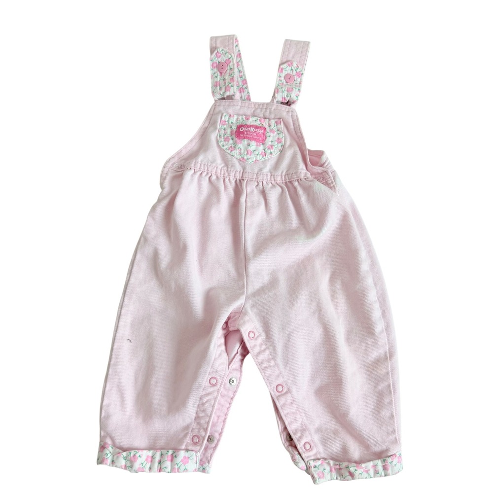 Vintage Girls Oshkosh‎ Denim Pink Print Bow Detail Overalls Size 18 Months